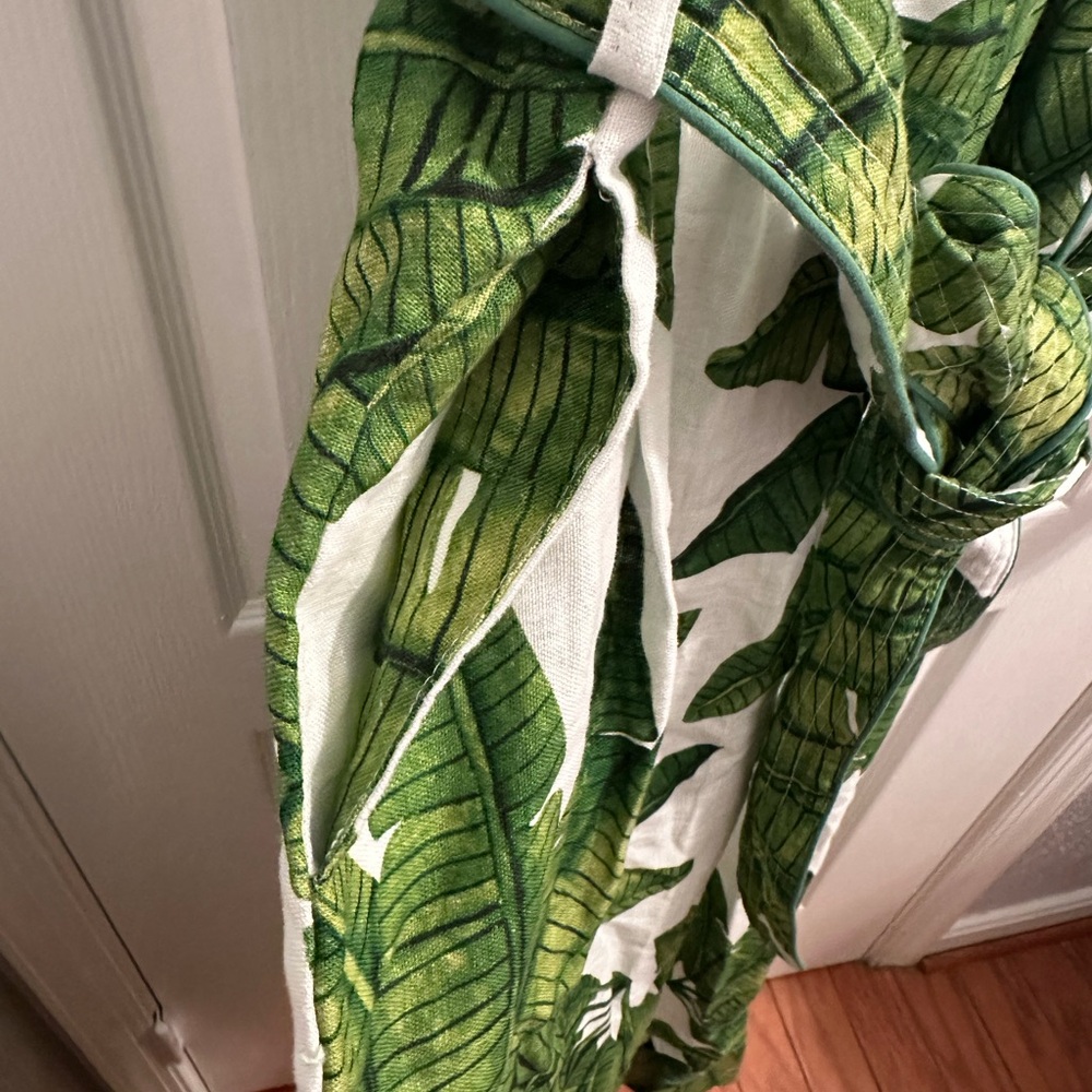 FARM Rio Tropical Green Leaf Jumpsuit, Palm Fan Linen Wide-Leg Has 2 side pocket - Picture 12 of 12